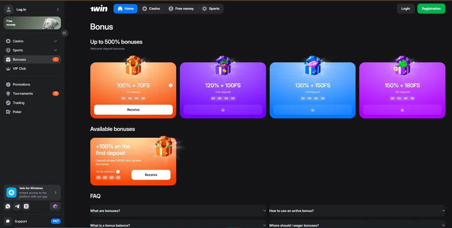 1Win's welcome bonus page showing four deposit tiers — 100% + 70FS, 120% + 100FS, 130% + 150FS and 150% + 180FS — with a ₦1,000 minimum deposit to unlock the first