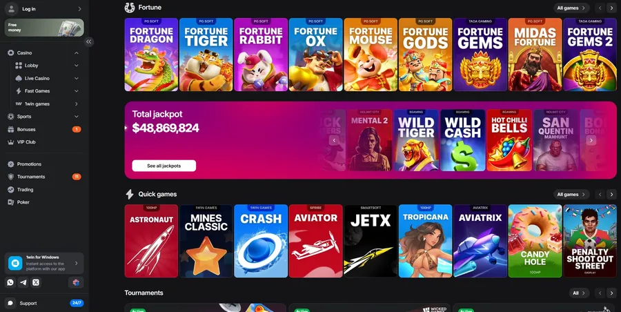 1Win casino slots section showing the Fortune game series, a total jackpot banner, and quick games like Aviator, JetX and Crash