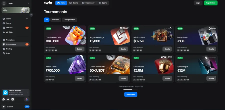 1Win's tournaments hub listing active prize pools including Crypto Week: Mix (10K USDT), Mission Rush ($52.5K), Reach & Win (₦700,000) and Spinoleague (€12M)